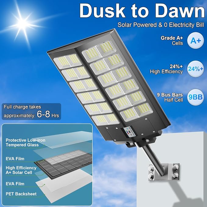 Solar Street Lights Outdoor Waterproof 9000W - LED Solar Powered Street Light Dusk to Dawn with Mention Sensor, Heavy Duty Large Outdoor Solar Lights for Parking Lot/Garden/Yard/Pathway Lighting