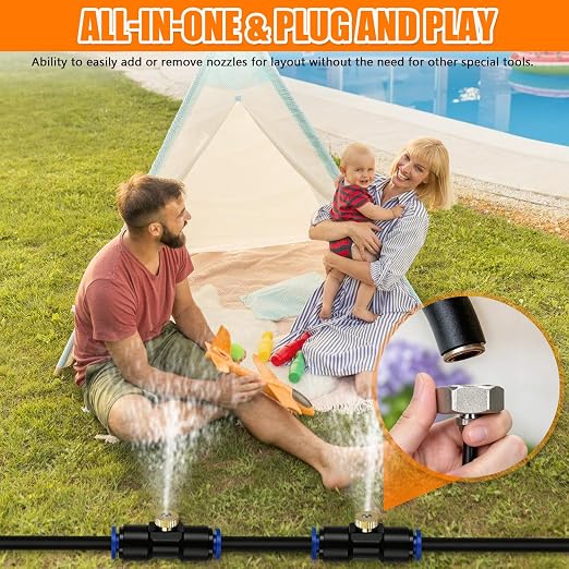 Misters for Outside Patio 30FT/9M, Pre-Assembled Misting Cooling System with 8 Brass Nozzles & 3/4" Adapter, Outdoor Mister for Backyard, Garden, Trampoline Sprinkler, BBQ Party Accessories