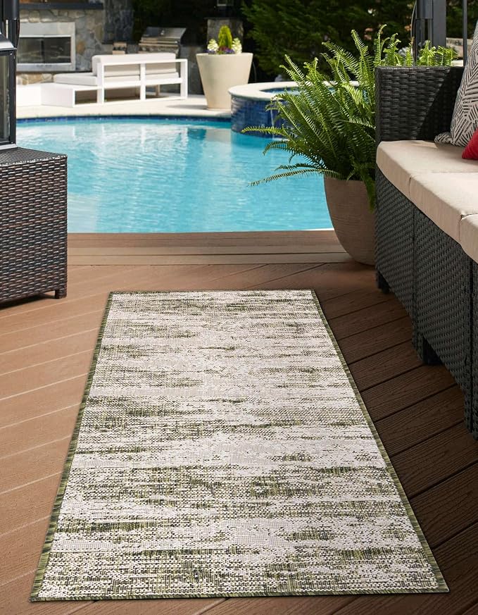 Unique Loom Outdoor Modern Collection Area Rug - Cartago (2' x 7' 10" Runner, Green/ Ivory)