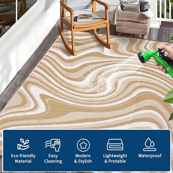 Garvee 10x20 Modern Large Outdoor Rug, Waterproof Rug for Camping, Reversible Plastic Straw Rugs UV Resistant Abstract Carpet for Picnic Backyard Deck Balcony Porch Beach Trailer, Light Brown