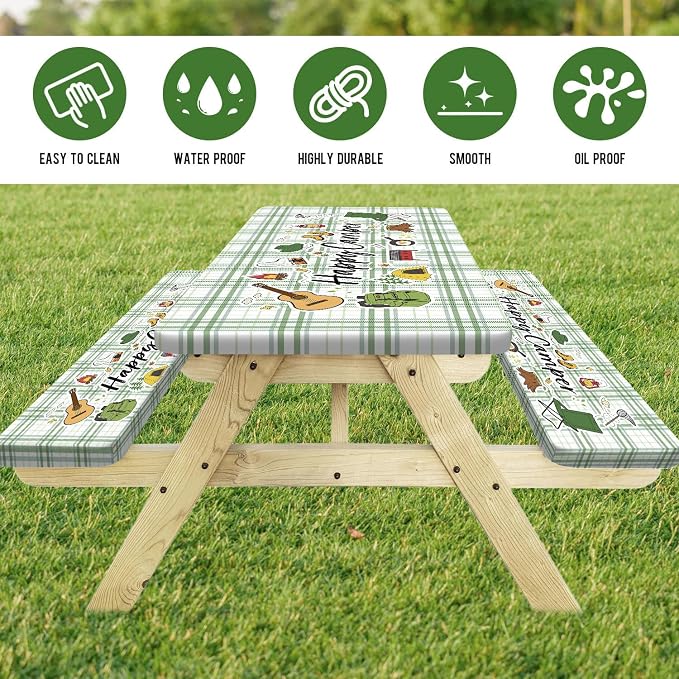 NYMB Picnic Table Cover with Bench Covers, Happy Camper Farm Plaid Fitted Table Cover, Outdoor Patio Camping Essentials, Waterproof Camping Fitted Tablecloth with Drawstring Bag, 30x60in (Green)