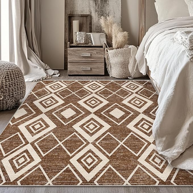 4x6 Moroccan Area Rug for Living Room Bedroom Entryway Western Boho Terracotta Modern Farmhouse Rug Machine Washable Non-Slip Tribal Series Carpet for Bedside Dining Room Office