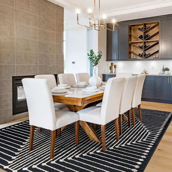 Rugshop Contemporary Bohemian Stripe Area Rug 7'10" x 10' Black | Jute Backing, Soft Medium Pile, Stain Resistant, No Shedding, Living Room, Dining Room, Family Room, Great Room, Basement