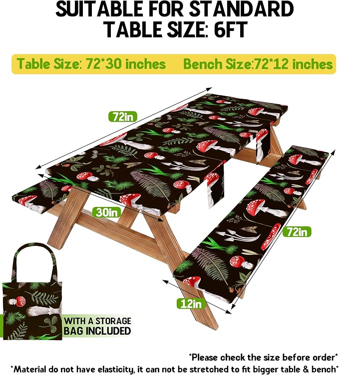 Fitted Picnic Table Cover with Bench Covers Vinyl Waterproof Elastic Edges Fitted Rectangle Table Cloth Patio Tablecloth Camping Essentials Rv Gear Accessories Road Trip Supplies Car Travel Must Have