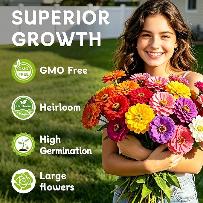 LUOJIBIE Zinnia Seeds for 2026, 15,000+ California Giant Zinnia Seeds Bulk, Double Dahlia Zinnia Mixed Color Seeds, Flower Seeds for Planting Outdoor Garden, Non-GMO Heirloom, Easy to Grow