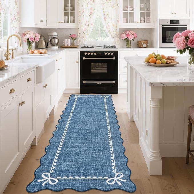 GarveeHome Scalloped Hallway Runner Rug 2.5x10 Non Slip Dark Blue Rugs | Washable Bow Rug for Girls Bedroom Dorm Nursery Entyrway Kitchen, Soft Low Pile Ultra-Thin Stain Resistant Indoor Carpet