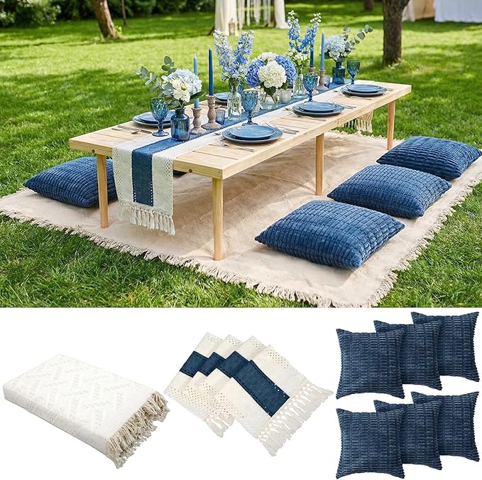 Beeveer Extra Large Outdoor Boho Picnic Blanket 91'' x 71'' Blue Table Runner 6 Throw Pillow Cover Woven Cotton Yarn Oversize Beach Blanket Washable for Picnic Camp Wedding