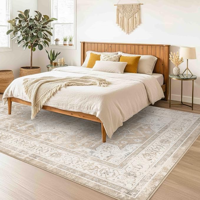 8x10 Area Rug Vintage Washable Rugs for Living Room Bedroom Nursery | Farmhouse Boho Floral Neutral Washable Stain Resistant Indoor Carpet for Bedroom Office and Home Decor(Beige&Brown)