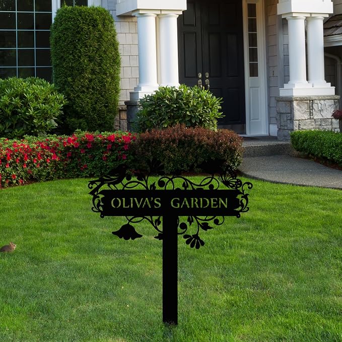 Customized Metal Birds and Flowers, Personalized Garden Sign with Stake, Gardening Decor for Outdoor, Patio and Farmhouse Decorations
