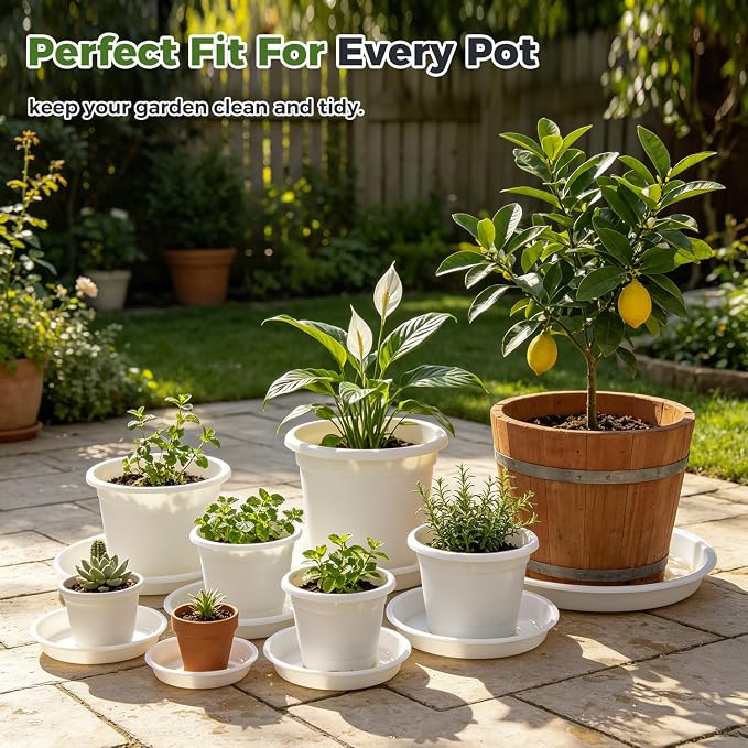 8 Packs 18 Inch Plastic Plant Saucers for Indoor Outdoor, Plant Water Catcher Tray for Pots, Bulk Flower Pot Saucers, Drip Trays for Potted Plants, Round Plates to Catch Water, White