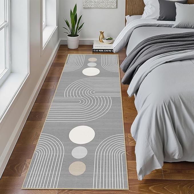 Boho Runner Rug 2x6 Modern Geometric Abstract Rug for Hallway Kitchen Bedroom Grey Mid Century Modern Runner Machine Washable Non-Slip Printed Low-Pile Long Floor Carpet for Bathroom Laundry Gray