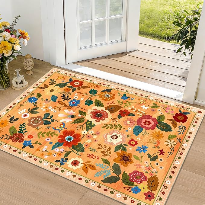 RELEANY Floral Washable 2x3 Area Rugs Doormat Orange/Yellow/Red | Flower Carpet, Print, Boho, Non-Slip, Easy to Clean, Soft, Low Pile for Living Room Bedroom Kitchen Office Entryway Hallway
