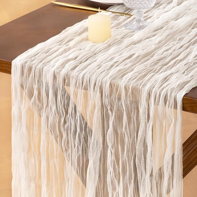Socomi Ivory Cheesecloth Table Runner Tulle Gauze Cheese clothBoho Rustic 120 inch 10FT Runner for Wedding Party Baby Shower Birthday Holiday Decorations 1pc