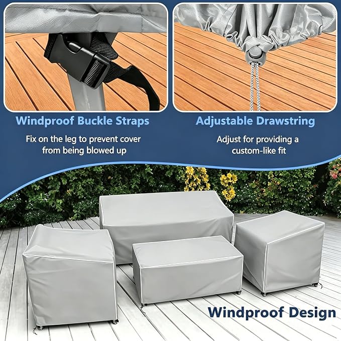 STARTWO Patio Furniture Covers 4 Piece Set, Heavy Duty Waterproof Outdoor Furniture Cover for Rattan Wicker Conversation Set, Grey+White Seams-Small