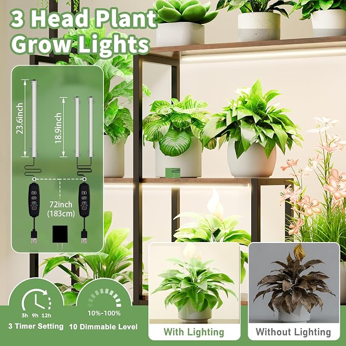 MJOMKN Large Plant Stand Indoor with Grow Light , 72" Tall Metal Plant Shelf, 5 Tiers 12 Pots Holder, Heavy-Duty Rectangle Display Rack for Living Room, Patio, Corner