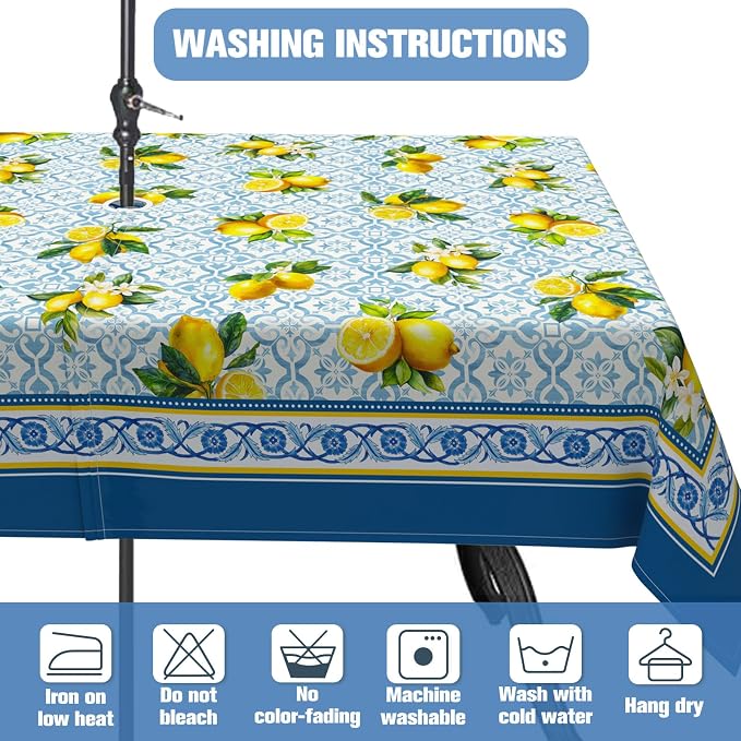 Lemon Outdoor Tablecloth with Umbrella Hole 60" x 102" Waterproof Zipper Table Cloth for Garden - Ideal Patio Table Cover for Picnics, Camping, and Yard Use
