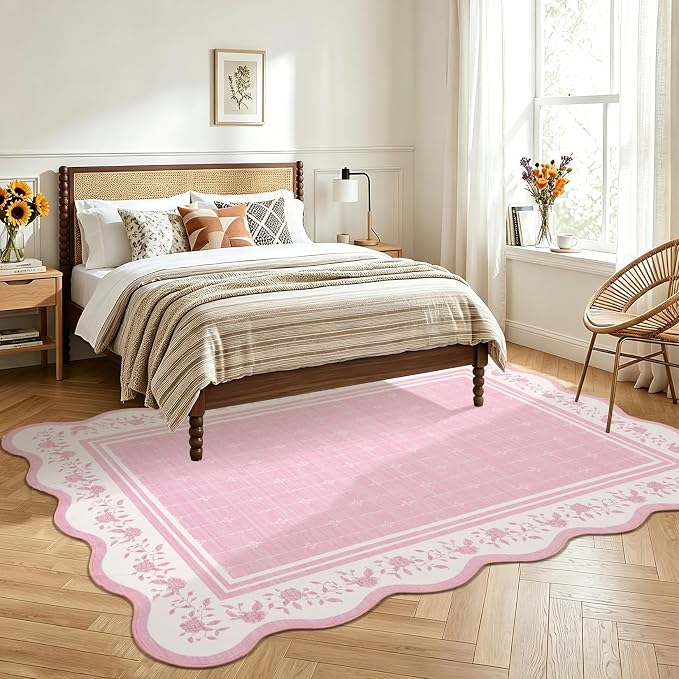 Garvee Large Area Rug Washable 10x13 Scalloped Floral Living Room Rug Pink | Soft Non Slip Low Pile Indoor Carpet Stain Resistant Modern Bordered Accent Carpet for Bedroom Nursery Kids Room Office