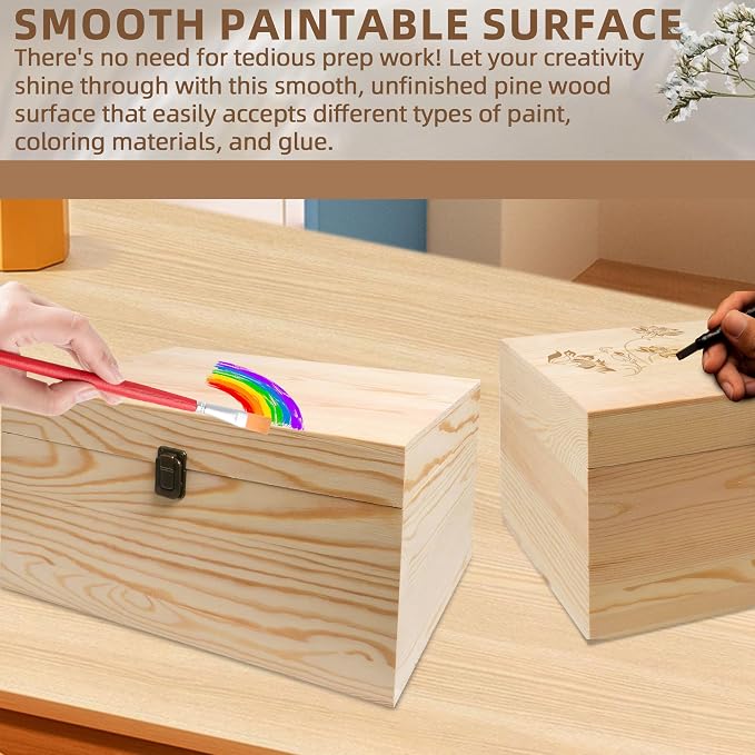 13.8x9.9x6.7-Inch/ 3.33-Gal. X-Large Unfinished Wooden Box for DIY Crafts & Storage with Hinges & Retro Front Clasps - Natural Pine - Smooth Paintable Surface