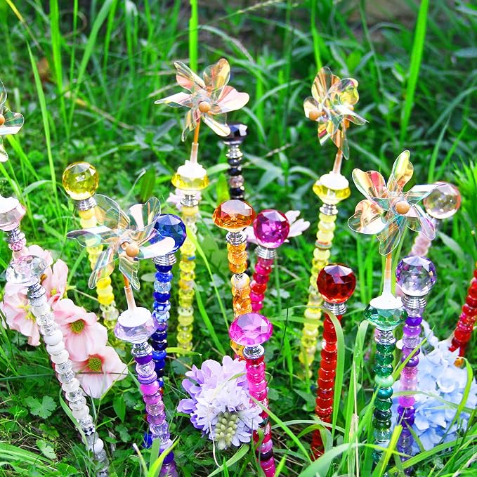 101 PCS Beaded Garden Stakes Kit, DIY Fairy Wand Garden Stake Beads Kits with Red Large Hole Beads 4 Crystal Stopper Top Threaded Rods and 2 Colored Small Windmills for Outdoor Indoor Decor