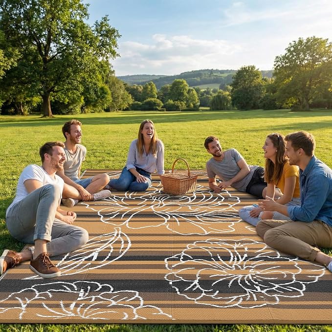 Garvee 8x10 Outdoor Waterproof Rug, Floral Outdoor Area Rug，Reversible Plastic Straw Patio Rug, Portable Camping Mat for RV, Picnic, Beach, Balcony, Garden & Camping Black&Brown