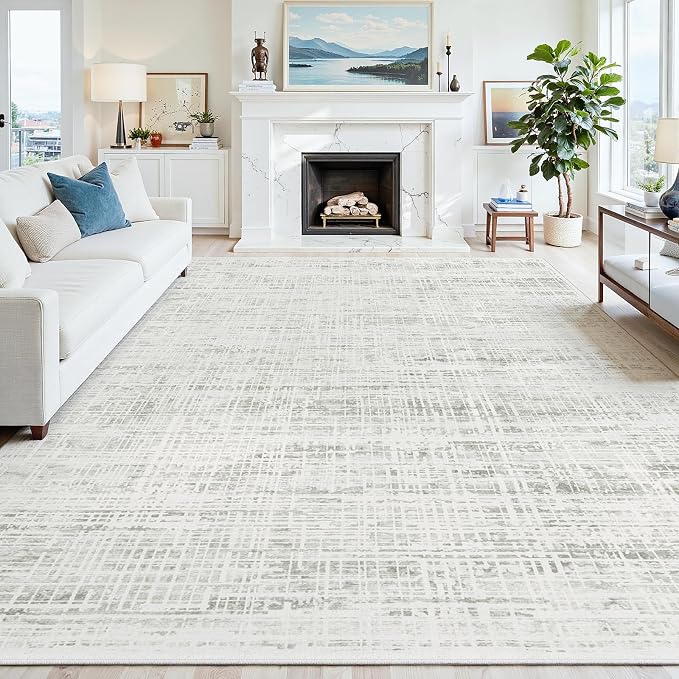 9x12 Washable Area Rug for Living Room Bedroom: Non-Slip Modern White Gray | Machine Washable TPR Backing, Stain-Resistant Low Pile, Pet & Kid Friendly, Abstract Decor for Dining Room, Dorm, Home Office
