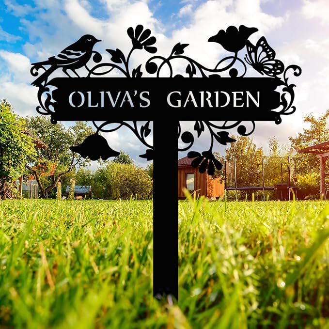 Customized Metal Birds and Flowers, Personalized Garden Sign with Stake, Gardening Decor for Outdoor, Patio and Farmhouse Decorations