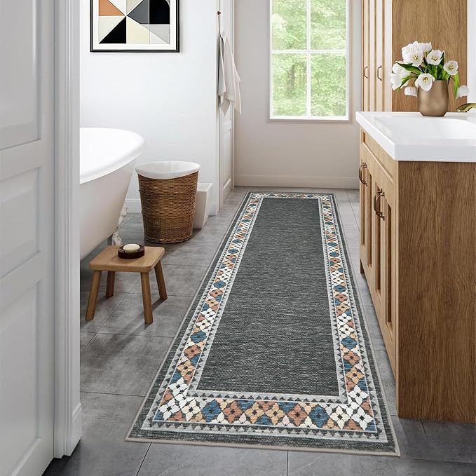Garvee 2x6 Tribal Border Kitchen Rugs Washable Rugs for Hallway, Dark Gray | Floral Border Area Rug Stain Resistant Easy Cleaning Throw Rugs Low Pile Floor Cover for Bedroom Laundry