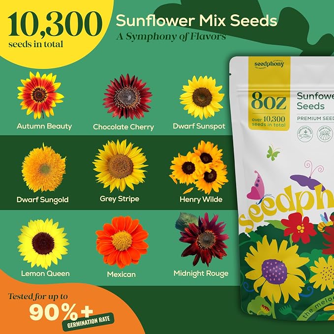 Seedphony Sunflower Mix Seeds Pack 8 oz - 10,300 Non-GMO Heirloom Sunflower Mix Seeds for Planting, Annual Flowers in Waterproof Seed Packet, Edible Flower Seeds for Planting Garden Indoor & Outdoor