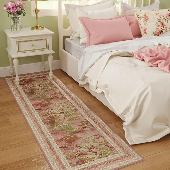 Rugcomf 2x6 Runner Rug Impressionist-Style Vintage Kitchen Rugs Non Slip Washable Soft Carpet Runner for Kitchen Laundry Bedroom Bathroom, Pink