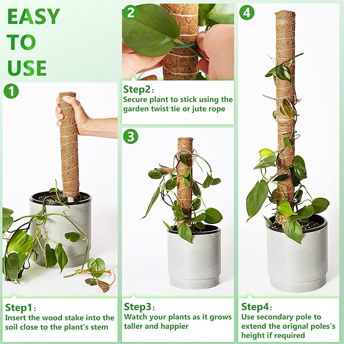 Moss Pole 68 Inch, 6 Pack Plant Moss Pole for Plants Monstera, 15.6 Inch Coir Totem Sticks for Climbing Support Extension Indoor Sticks with 65 Feet Garden Twist Tie