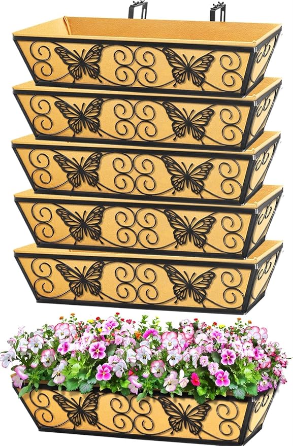 6 Pack 24 Inch Window Boxes Planters Railing Planter Box with Adjustable Brackets for Porch Fence Patio Balcony Hanging Flower Baskets with Woven Fabric for Outdoor Garden Decor - Black