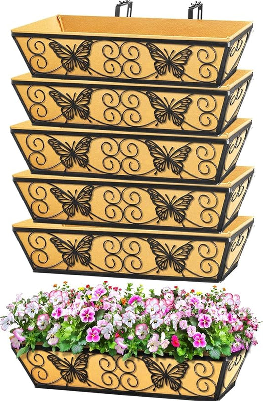 6 Pack 24 Inch Window Boxes Planters Railing Planter Box with Adjustable Brackets for Porch Fence Patio Balcony Hanging Flower Baskets with Woven Fabric for Outdoor Garden Decor - Black