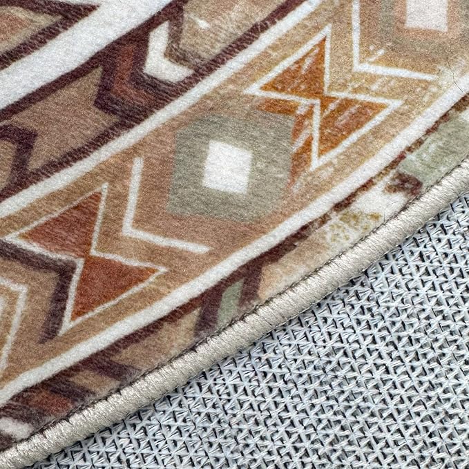 3ft Round Southwestern Rug, Geometric Tribal Pattern, Non-Slip Mat | Stain-resistant and machine-washable design for easy care, complemented by reinforced edges for lasting durability.