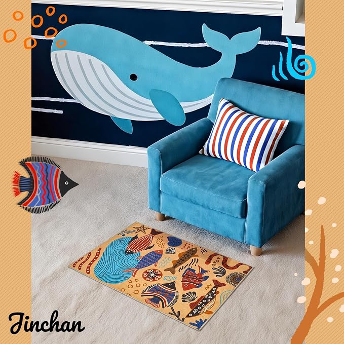 jinchan 2x3 Coastal Area Rug Washable Kids Rug Colorful Ocean Fish Mat, Tan | Soft, Cozy, Non-Slip, Kid-Friendly, Lightweight, Entryway, Small Mat, Kitchen, Dorm, Bedroom, Laundry Room, Bathroom, Nursery