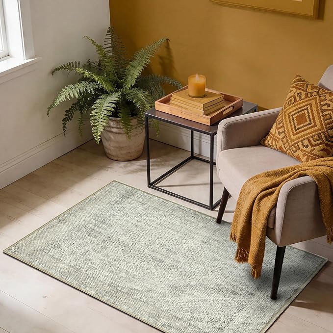 Keen Home Design Vintage Washable Entryway Rug, Non-Slip Low Pile, 2x3 | Machine Washable Cotton Chenille, 0.25In Low Pile, Rubber Non-Slip Back; Kitchen, Entryway, Bathroom, Bedside