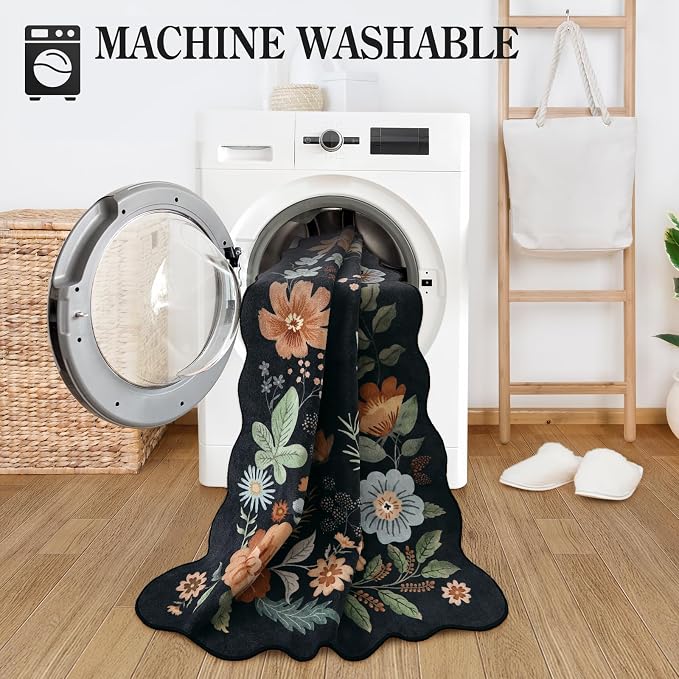 Lahome Floral Entryway Rug, 2x4 Soft Washable Kitchen Rug Ultra-Thin | Non-Slip Door Mat Indoor Entrance Stain Resistant Boho Small Flore Carpet for Bathroom Bedroom (2x4ft, Black/Grey)