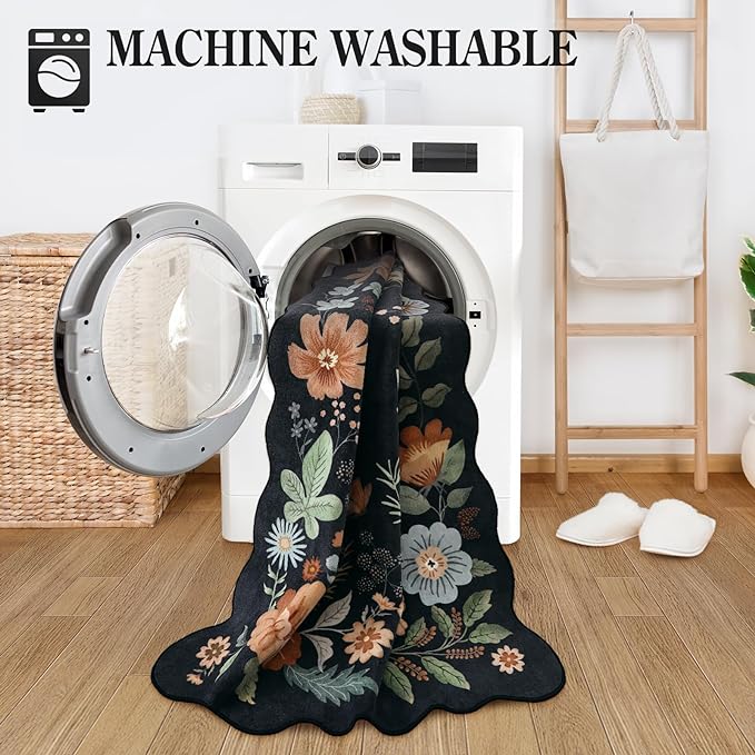 Lahome Floral Washable Rugs 8x10, Soft 8x10 Rugs for Living Room Bedroom | Ultra-Thin Easy Clean Boho Non-Slip Accent Carpet for Dining Room Office Flore (8x10ft, Black Grey)