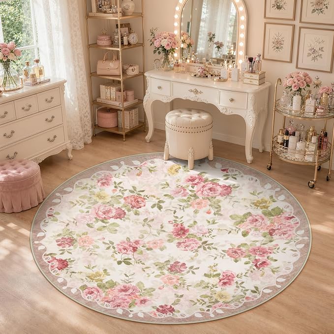 Lahome Round French Floral Rug 5ft, Low Pile Ultra-Thin Reading Nook Rug | Pet Friendly, Easy To Clean Non Slip Carpet For Reading Corner, Vanity Space And Bedroom Decor