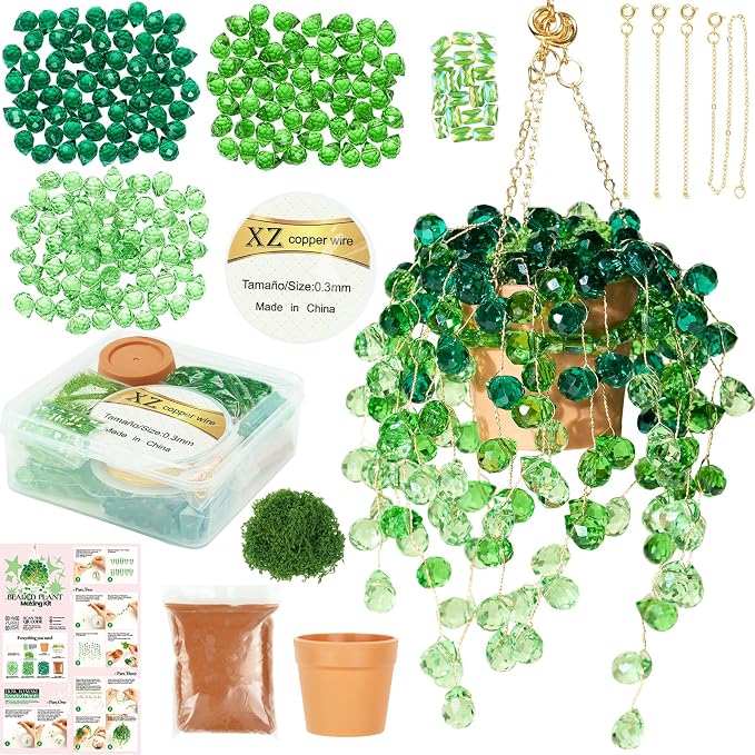 Deinduser Beaded Plant Kit, DIY Hanging Suncatcher Craft Kit with Glass Crystal Beads, Pot, Chain, Faux Moss, Air Dry Clay, Instruction Booklet & Video Tutorial, Tabletop or Window Decor Gift