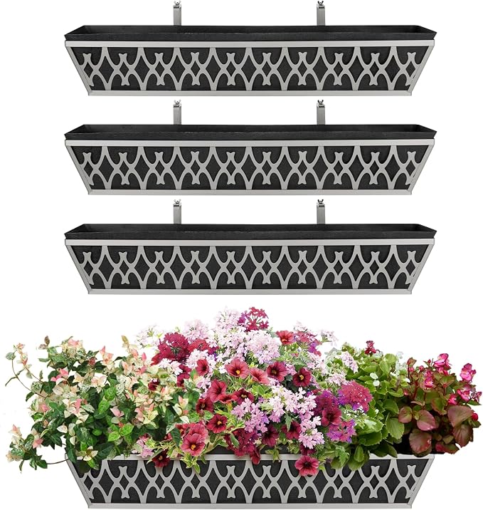 4 Pack 30 Inch Window Boxes Planters Railing Planter Box with Adjustable Brackets & Non-Woven Fabric Plant Grow Bags Deck Railing Planter Boxes Balcony Hanging Flower Box for Outdoor Plants