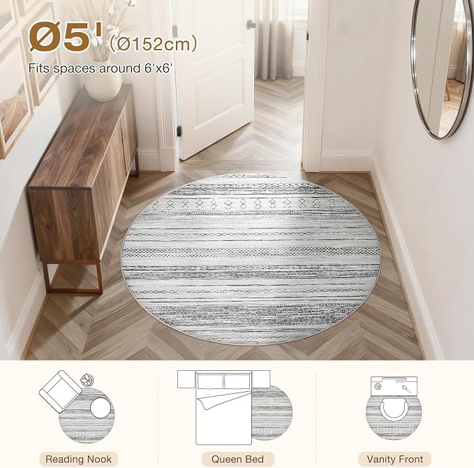 Tortania 5' Round Area Rug Living Room Rugs - Washable Large Soft Neutral Boho Moroccan Bohemian Farmhouse Rug Indoor Floor Carpet for Bedroom Under Dining Table Home Office Decor - Grey