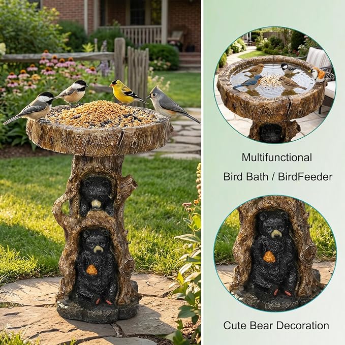 Hamiedun 23.6”Tall Resin fiber Outdoor Bird Baths for Garden - Outdoor Standing Birdbath, Woodland Tree Trunk Decoration Yard Statue，Pedestal Birdbaths for Outdoors, Garden, Patio, Lawn, Backyard (23.6''H)