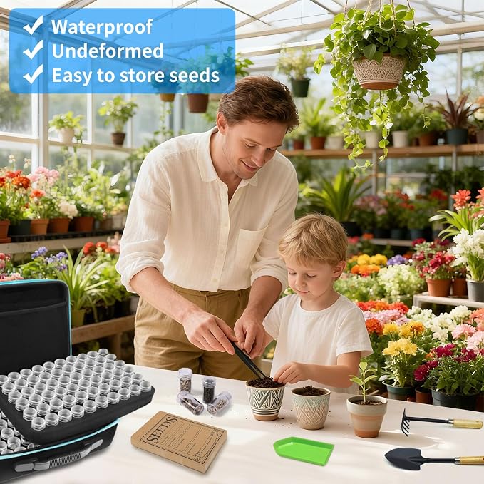 Seed Storage Organizer Box with 120 Slots, Airtight Seed Saver Kit with 25 Craft Envelopes, Funnel and Tweezers - Weather-Resistant Garden Seed Bank Container for Heirloom, Vegetable & Flower Seeds