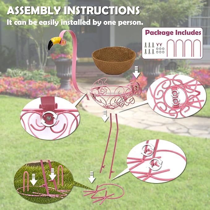 J-Fly Pink Flamingos Metal Potted Plants Holders with Coconut Flower Pots | J-Fly Garden Yard Flamingos Plant Stand Indoor & Outdoor, Floral Garden Christmas Decor, Flower Pots Stand Outdoor, Set of 2