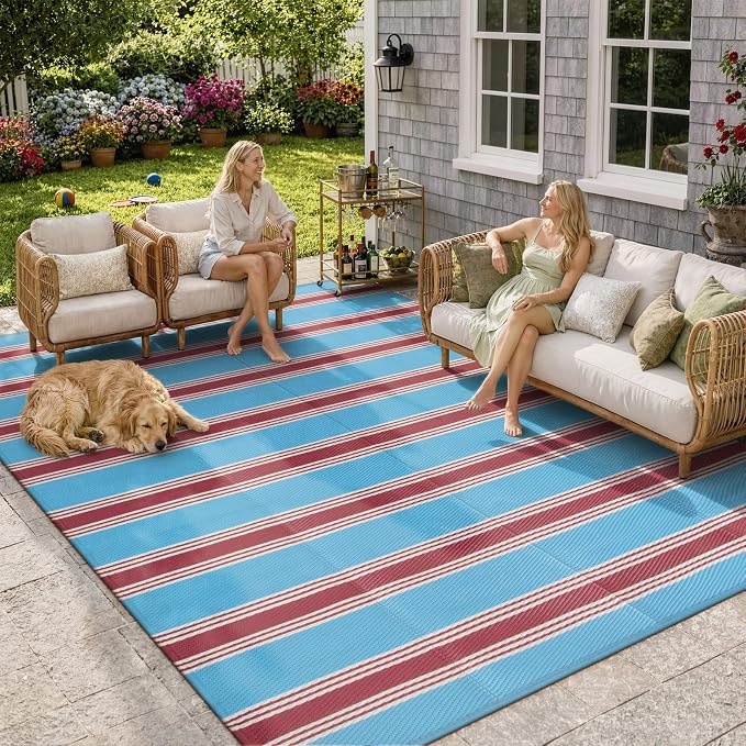 Lahome Striped Waterproof Outdoor Rug 8x10 Patio, Reversible Patriotic Outdoor Camping Rug Plastic Straw, RV Patio Rugs Carpet for Patriotic Decor Porch Deck Backyard(Blue/Red,8'x 10')