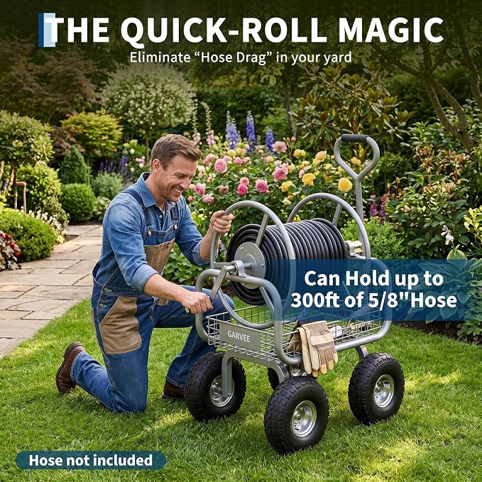 Garvee Garden Hose Reel Cart with Wheels, Hold Up to 300 ft of 5/8" Hose, Heavy Duty Water Hose Reel with Storage Basket, Mobile Outdoor Hose Storage for Garden, Yard, Farm