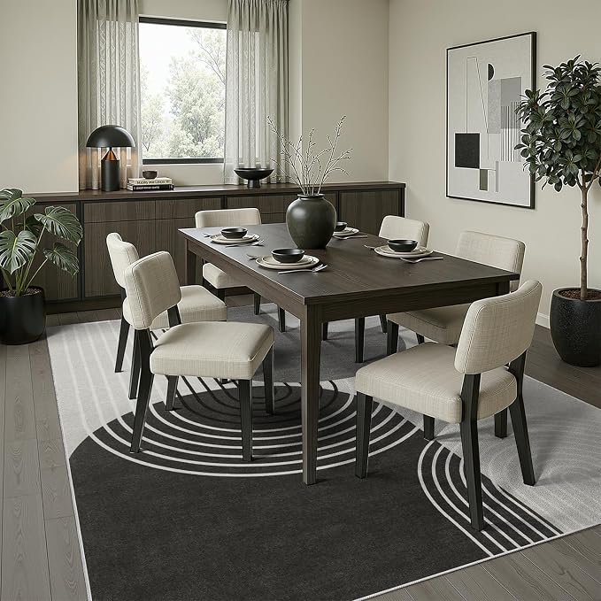 DCX Abstract Washable 6x9 Rug, Non Slip Low Pile Rug, Black Gray | Rugs for living room, bedroom, dining room, office, soft, mid century modern rug, sain resistant indoor carpet, home decor
