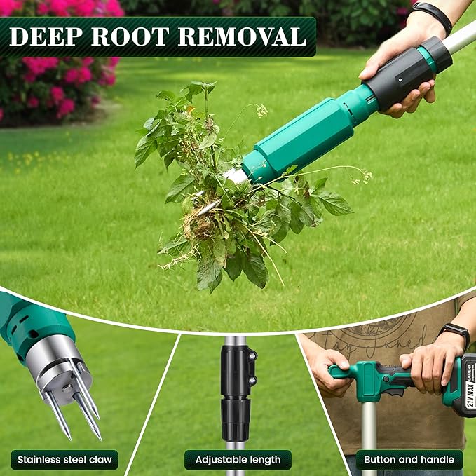 Electric Weed Puller Tool, 21V Battery Powered Stand Up Weed Remover with 6000mAh Batteries, Heavy Duty 3-Claw Steel Root Weeder, Weed Picker Grabber Popper for Dandelion Lawn Garden Yard