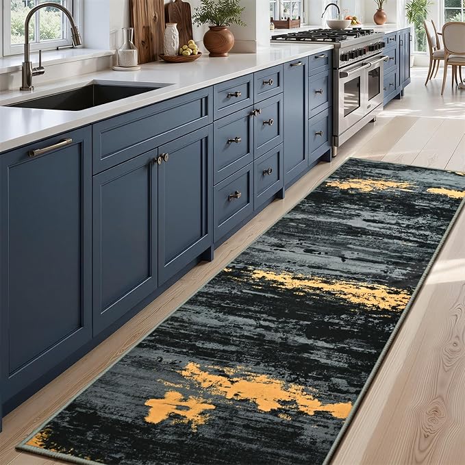Toneed Washable 2x6 Non-Slip Abstract Runner Rug for Hallway Kitchen | Soft Modern Low Pile Area Rugs for Bedroom Laundry Living room,Indoor Carpet for Bedside Home Decor, Black