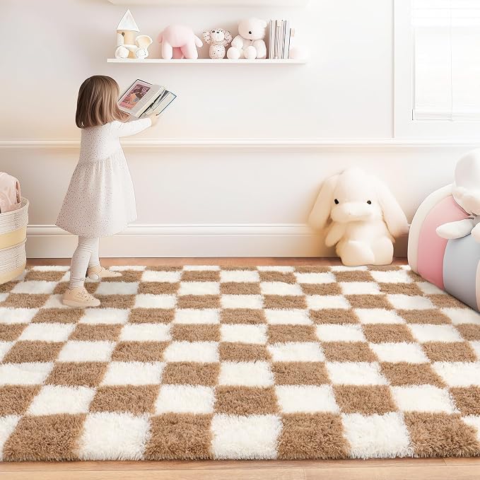 Checkered Rug for Living Room 8x10, Ultra Fluffy Fuzzy Shag Large Area Rug for Bedroom, Modern Plush Soft Upgrade Non-Slip Carpet for Kids Girls and Boys Room Dorm Home Decor, Cream and Camel